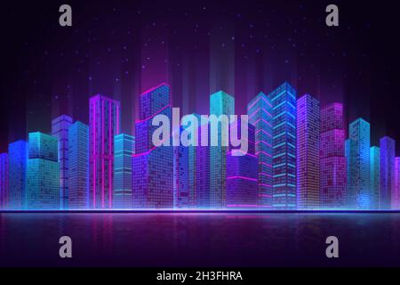Nächtliches Stadtpanorama. Bunte Landschaft, Retro-Neon futuristisches Stadtbild. Strand in der Innenstadt Gebäude, abstrakt städtischen neuen Vektor-Hintergrund Stock Vektor
