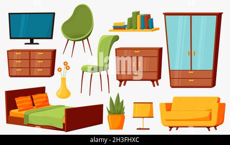 Wohnmöbel. Isolierte, trendige Möbel, Inneneinrichtung im Bürozimmer. Stuhl, Sofa und stilvoller Tisch, flaches modernes Haus Accessoire neuen Vektor-Set Stock Vektor