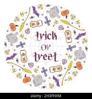 Helle Linie Kunst runden Kranz von halloween-Symbole und Trick or Treat Stock Vektor