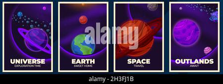 Planeten-Banner. Weltraumposter, Magazincover mit Galaxie oder Universum. Zukünftige Erkundung, Karikatur-Planet und der neue Vektor-Broschüre des Planeten und des Planeten Stock Vektor