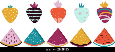 Trendige Früchte. Doodle abstrakte Wassermelone Erdbeere mit Textur. Isolierte, moderne Küche, helle, skandinavische Vektorelemente Stock Vektor