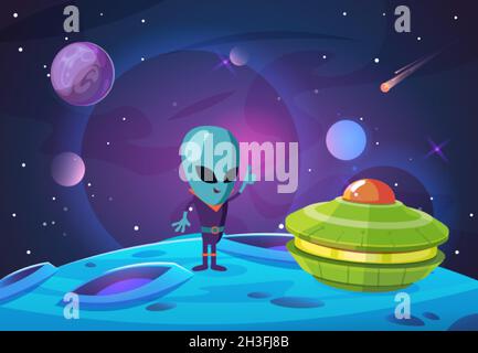 Raum Besiedlung Hintergrund. Alien, ufo-Charakter auf dem neuen Planeten im Universum. Raumschiff und Galaxie, Meteoriten und Cartoon-Kosmos Vektor-Illustration Stock Vektor