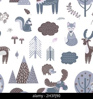 Niedliches skandinavisches Muster. Holz Tiere, Wald stilvolle Hintergrund. Baby Nursery niedlichen Druck, nordic Forest anständige Vektor nahtlose Textur Stock Vektor