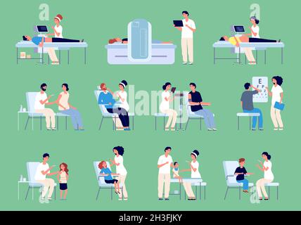 Medizinische Zeichen. Ärzte Krankenschwestern Patienten, Impfungen und Check-up-Szenen. Untersuchung in Klinik oder Krankenhaus, neuer Virenschutzimpfstoff-Vektor-Satz Stock Vektor