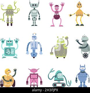 Comic-Roboter-Figuren. Mechanischer Roboter, Retro-Spielzeug-Monster. Nette Kinder Freunde, Automatisierung Cyborgs und Androids anständigen Vektor-Sammlung Stock Vektor