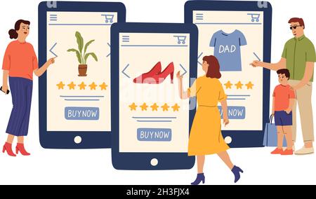 Online-Shop. Im Internet kaufen die Menschen Kleidung, Schuhe und Pflanzen ein. Mann Frau mit Shopping Mobile App Vektor-Konzept Stock Vektor