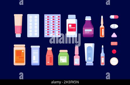 Pharmazeutische Medikamente. Apothekenflasche, Arzneimittel und Pillen. Cartoon flach Schmerzmittel, Drogerie Antibiotika-Injektionen Utter Vektor-Symbole Stock Vektor