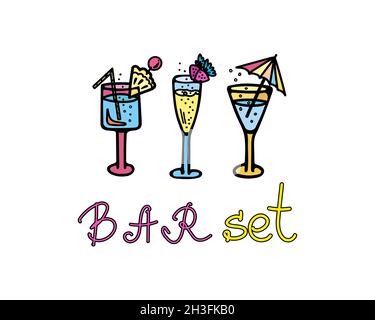 Set von Farb-Vektor-Illustrationen von Gläsern mit Cocktails mit Blasen, Ananas, Regenschirm und Beeren. Lettering Bar-Set. Stock Vektor