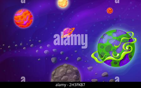 Raum und Planet Hintergrund. Cartoon-Galaxie, Universumslandschaft mit Planeten. Futuristische Spielszene, Kosmos mit Sternen aktuelle Vektor-Illustration Stock Vektor