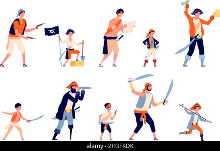 Piraten-Figuren. Cartoon Pirat, marine Räuber Männer und Jungen. Ocean Traveller Charaktere, kindische Person mit Schatz und Karte Utter Vektor-Set Stock Vektor