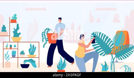 Menschen im Hausgarten. Frau Pflanzen, entspannen Sie sich im grünen Innenraum. Glückliches Paar Pflege Blume, Familie botanischen Hobby Utter Vektor Illustration Stock Vektor