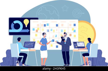 Agiles Entwicklungsprojekt. Business Management, Brainstorming und Task Board. Firma Scrum Arbeitsmethodik, Büro Team Utter Vektor-Konzept Stock Vektor