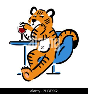 Tiger sitzt auf einem Stuhl mit einem Glas Wein. Chinesisches Tierkreiszeichen. Symbol des neuen Jahres 2022, 2034. Vektordarstellung auf weißem Hintergrund isoliert. Stock Vektor