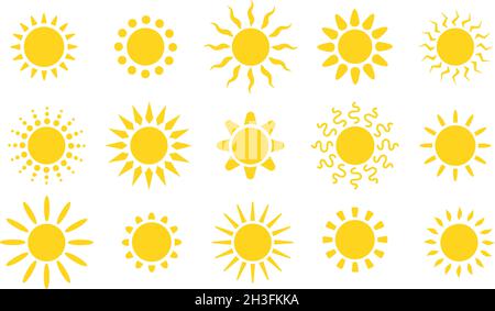 Logo für Sommer mit flacher Sonne. Gelbe Sonnen Kreise, helle natürliche Lichtobjekte. Heizendes Sonnenlicht, isolierte Frühling warme Jahreszeit Utter Vektor-Symbole Stock Vektor