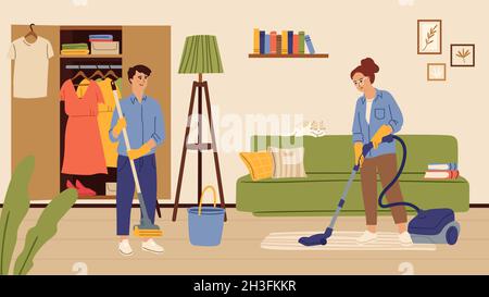 Die Leute putzen das Wohnzimmer. Familie waschen Boden und Hausaufgaben in der Wohnung. Sauberer Tag, Mann Frau im Haus Vektor-Illustration Stock Vektor