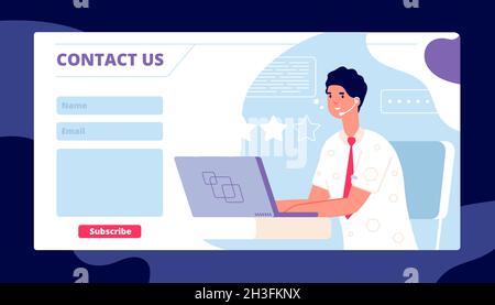 Kontaktieren Sie uns Vorlage. Corporate Service-Seite, Business-Webbanner. Support Center Client Form, Karikatur-Manager am Computer Utter Vektor-Design Stock Vektor