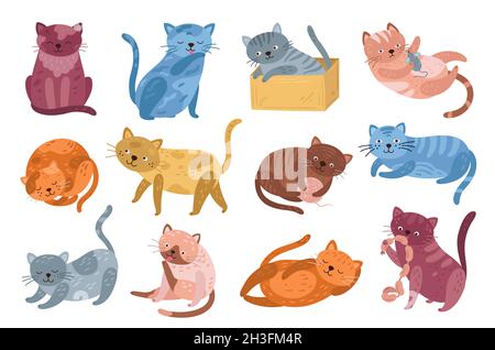 Niedliches Kätzchen. Springende Katze, isolierte Kätzchen Figuren Design. Cartoon Doodle lustig flauschige Tiere, grau schwarz spielen Haustiere genaue Vektor-Set Stock Vektor
