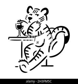 Tiger sitzt auf einem Stuhl mit einem Glas Wein. Chinesisches Tierkreiszeichen. Symbol des neuen Jahres 2022, 2034. Vektordarstellung auf weißem Hintergrund isoliert. Stock Vektor