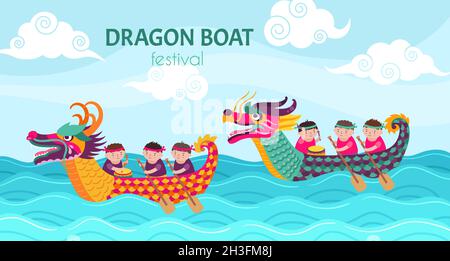 Drachenboot-Festival. Dragons Boote Cartoon Jungen, chinesische Bootfahren Wasserrennen. Sportwettbewerb, glückliche asiatische Feier auf See exaktes Vektor-Poster Stock Vektor