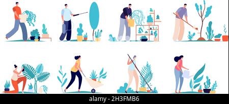 Die Menschen arbeiten im Garten. Bauernhof Botaniker, natürliche Gartenarbeiter Charaktere. Flache Landwirtschaft Arbeit, Blumenpflege Blumen Utter Vektor-Set Stock Vektor