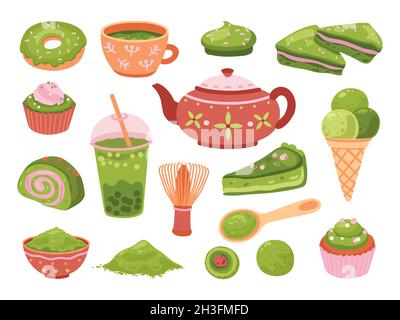 Matcha-Tee. Gesundes Dessert, isolierter leckerer Eislatte. Bio grünes Blatt asiatische Getränk, Smoothies, japanische Kultur Mahlzeit genaue Vektor-Set Stock Vektor