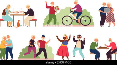 Aktive alte Menschen. Aktivitäten in der Seniorengruppe, verschiedene Partys für ältere Paare. Spaß Ruhestand, Cartoon tanzen Großeltern anständige Vektor-Charaktere Stock Vektor