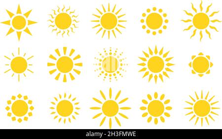 Gelbe Sonnensymbole. Sonnenstrahlen, flache, sonnige Wetterelemente. Sommerhitze, isolierter abstrakter Sonnenaufgang oder heller Morgen-Utter-Vektorsymbole eingestellt Stock Vektor