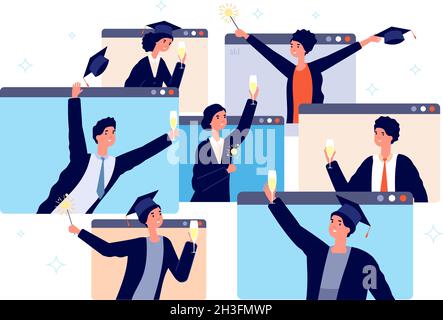 Online-Abschluss. Absolventen virtuelle Party, junge Männer feiern Videoanruf. Glückliche Menschen zusammen, digitale Veranstaltung. Neues Konzept des normalen Utter Vektors Stock Vektor