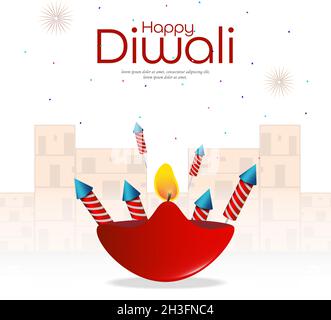vektor-Illustration von bunten Feuer Cracker mit dekorierten Diya für Happy Diwali Urlaub in Indien Stock Vektor
