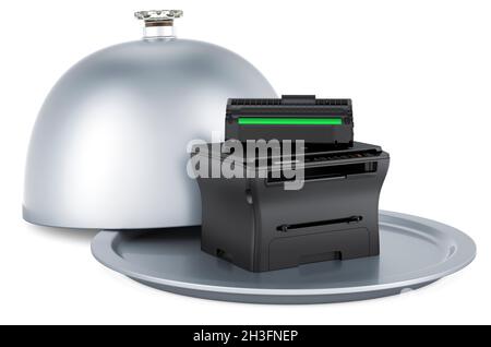 Restaurant Cloche mit Multifunktionsdrucker MFP. 3D-Rendering auf weißem Hintergrund isoliert Stockfoto