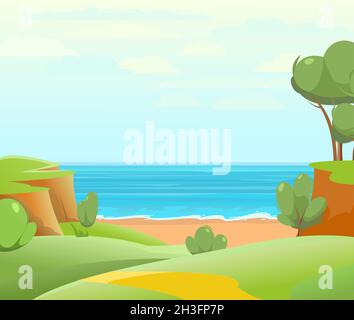 Strand am Meer. Sommerlandschaft. Weit weg ist der Ozeanhorizont. Ruhiges Wetter. Flache Illustration. Vektor. Stock Vektor