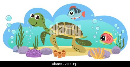 Schildkröten und Fische. Kleine Landschaft. Unterwasserwelt. Wilde Tiere. Meer, Meer. Sommerwasser. Isoliert auf weißem Hintergrund. Illustration in Cartoon Stock Vektor