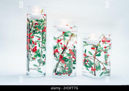 Brennende Teelkerze schwimmt auf der Wasseroberfläche in der Vase mit grüner und roter Pflanzendekoration im Inneren Stockfoto