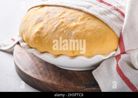 Roher Hefeteig mit Kürbis in weißer Schüssel mit Handtuch auf dem bemehlten Küchentisch bedeckt, Rezeptidee. Konzept Hausbacken Brot, Brötchen oder Cinnabon o Stockfoto