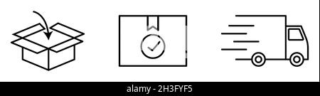 Symbole für Ausgabevektoren. Lieferkisten, Frachtkasten und Versand Lieferwagen. Liniensymbole. Kann für Website-Design, Logo, App, Vorlage und benutzeroberfläche verwendet werden. EPS Stock Vektor