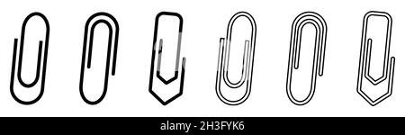 Büroklammern Symbole gesetzt. Büroklammern in flachen und umrandten Ausführungen. Vektor auf weißem Hintergrund isoliert Stock Vektor