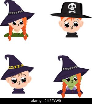 Set aus Mädchen, Jungen und Baby mit weißer und grüner Haut, roten Haaren, großen Herzaugen und Kusslippen in spitzer Hexenhut mit Möwe. Kopf des Kindes mit freudigem Gesicht. Halloween Party Dekoration Stock Vektor
