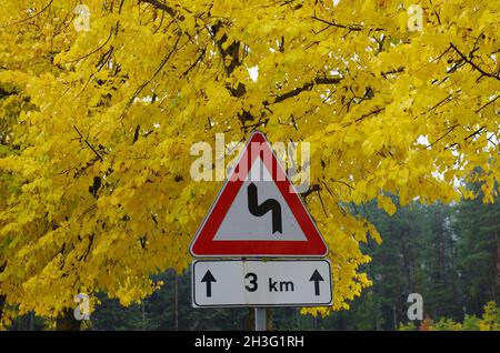 Im Vordergrund ein Straßenschild, das eine Reihe von Kurven für 3 km anzeigt, und im Hintergrund gelbe Blätter eines Baumes im Herbst Stockfoto