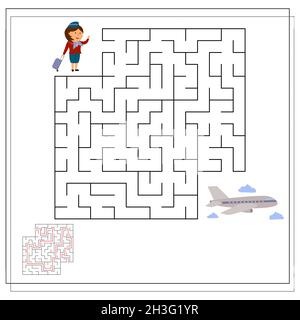 Ein Logik-Spiel für Kinder, gehen Sie durch ein Labyrinth, ein Flugbegleiter und ein Flugzeug. vektor isoliert auf einem weißen Hintergrund Stock Vektor
