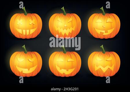 Vektor Hochglanz Cartoon Halloween Pumpkin Laterne mit Lustiges Gesicht Symbol Set. Vorderansicht. Design-Vorlage der realistischen Pumpkin Jack O Laterne. Herbst Stock Vektor