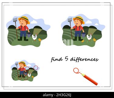 Ein logisches Spiel für Kinder finden die Unterschiede, ein Bauer auf dem Feld. vektor isoliert auf einem weißen Hintergrund Stock Vektor