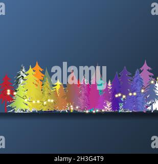 Regenbogen Weihnachtsbaum festliche Karte auf dunkelblauem Hintergrund. Gold Text Frohe Weihnachten Frohes neues Jahr. 2022 Weihnachtskarte für LGBT-Community, Ort für Text. 3D Rendern Stockfoto