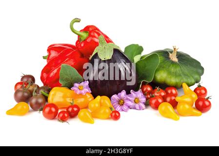 Gruppe von reifen Reihe Herbst Gemüse isoliert auf weißem Hintergrund Stockfoto