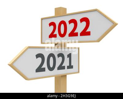 Straßenschild mit 2021-2022 Änderung auf weißem Hintergrund stellt die neue 2022, dreidimensionale Rendering, 3D-Illustration Stockfoto