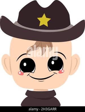 Avatar eines Kindes mit großen Augen und einem breiten Lächeln in einem Sheriffhut mit einem gelben Stern. Niedliches Kind mit einem fröhlichen Gesicht in einem Karnevalskostüm. Kopf von entzückenden Baby mit glücklichen Emotionen Stock Vektor