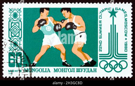 MONGOLEI - UM 1980: Eine in der Mongolei gedruckte Briefmarke zeigt Boxing, 22. Olympische Sommerspiele, Moskau, um 1980 Stockfoto