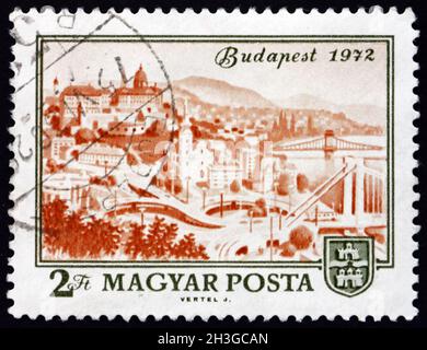 UNGARN - UM 1972: Eine in Ungarn gedruckte Briefmarke zeigt Budapest, 1972, 100. Jahrestag der Vereinigung von Obuda, Buda und Pest in Budapest, um 1972 Stockfoto