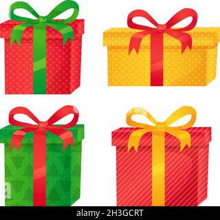 Weihnachts-Geschenkset mit Schleifen und Bändern im realistischen Cartoon-Stil Stock Vektor