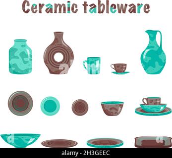 Set von glänzenden Küchengeschirr keramische Gerichte für die Hausmannskost, Restaurant und Café. Handgemachtes Geschirr, Designelemente im flachen Vektor-Stil Stock Vektor