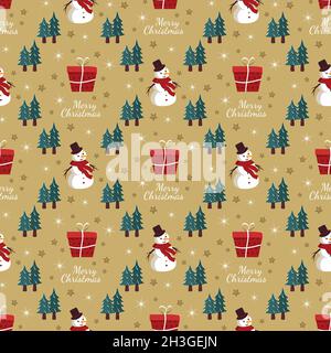 Nahtloses Muster mit festlicher Weihnachts-Geschenkbox, Schneemann, Bäumen im Schnee und Sternen auf goldenem Hintergrund. Heller Druck für Neujahr und Winterurlaub zum Einpacken von Papier, Textil und Design Stock Vektor